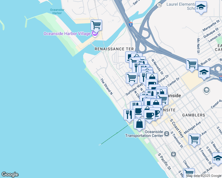 map of restaurants, bars, coffee shops, grocery stores, and more near 704 The Strand North in Oceanside