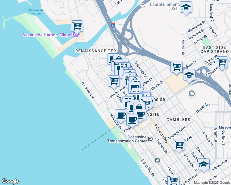 map of restaurants, bars, coffee shops, grocery stores, and more near Surf Rider Way & N Cleveland St in Oceanside