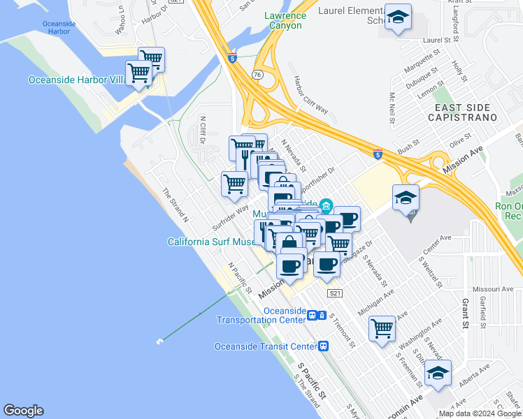 map of restaurants, bars, coffee shops, grocery stores, and more near 512 North Tremont Street in Oceanside