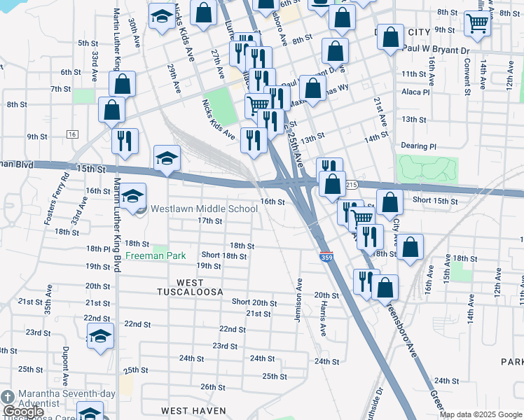 map of restaurants, bars, coffee shops, grocery stores, and more near 2648 Short 16th Street in Tuscaloosa