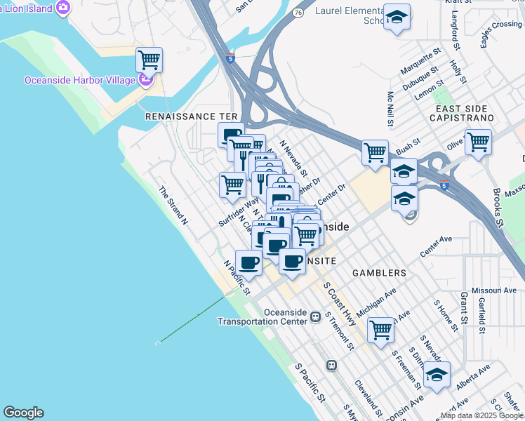 map of restaurants, bars, coffee shops, grocery stores, and more near 508 North Tremont Street in Oceanside