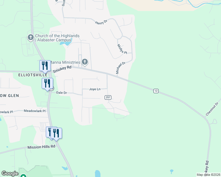 map of restaurants, bars, coffee shops, grocery stores, and more near 174 Wooten Road in Alabaster