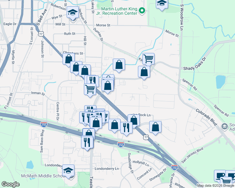 map of restaurants, bars, coffee shops, grocery stores, and more near 1334 Ruidosa Court in Denton