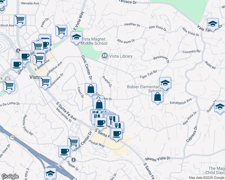 map of restaurants, bars, coffee shops, grocery stores, and more near 1008 Orleavo Drive in Vista