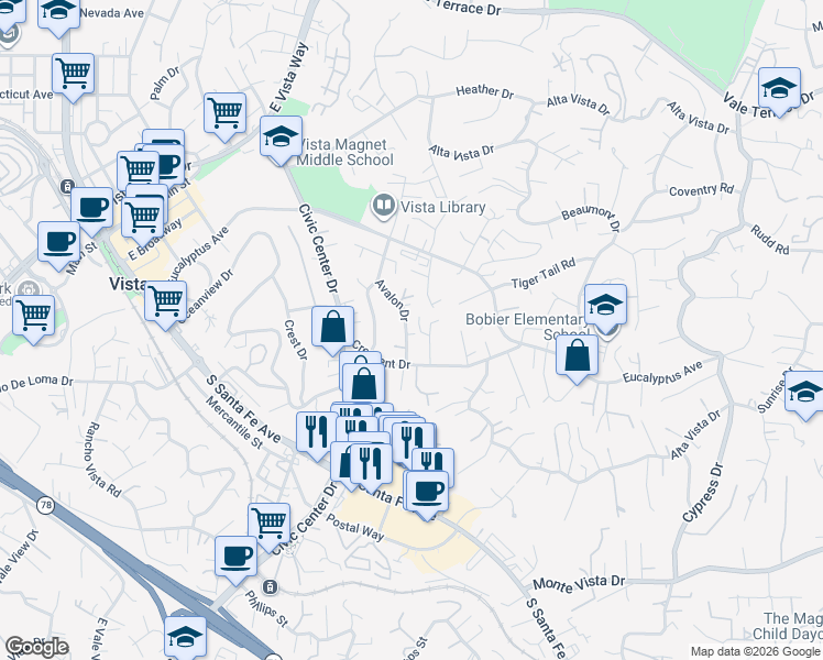 map of restaurants, bars, coffee shops, grocery stores, and more near 1008 Orleavo Drive in Vista