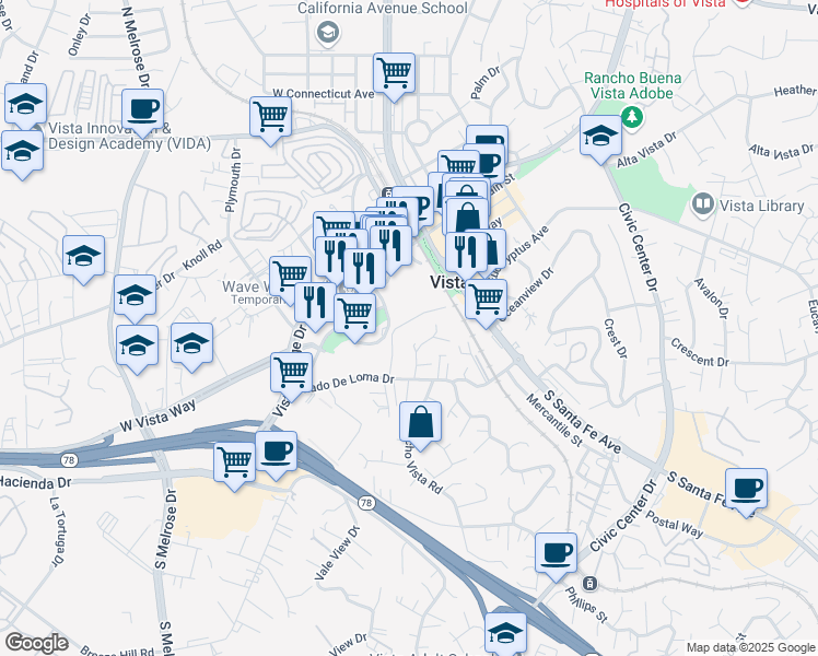 map of restaurants, bars, coffee shops, grocery stores, and more near 364 Eddie Drive in Vista