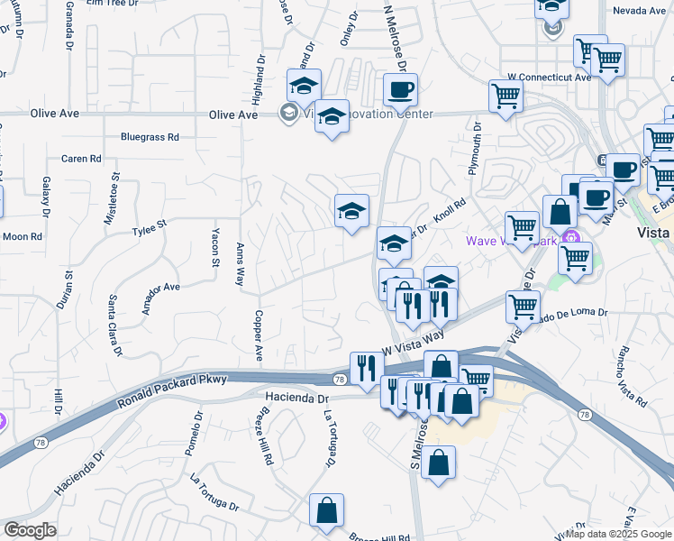 map of restaurants, bars, coffee shops, grocery stores, and more near 663 Diamond Way in Vista