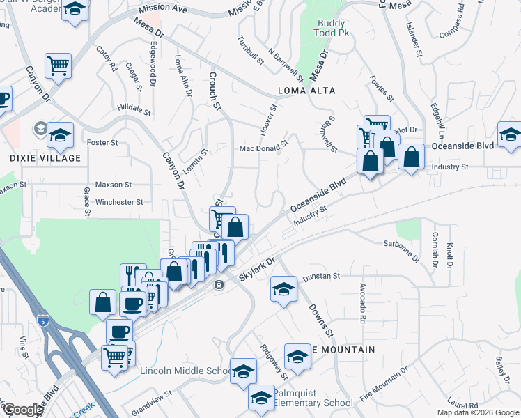 map of restaurants, bars, coffee shops, grocery stores, and more near 2166 Oceanside Boulevard in Oceanside