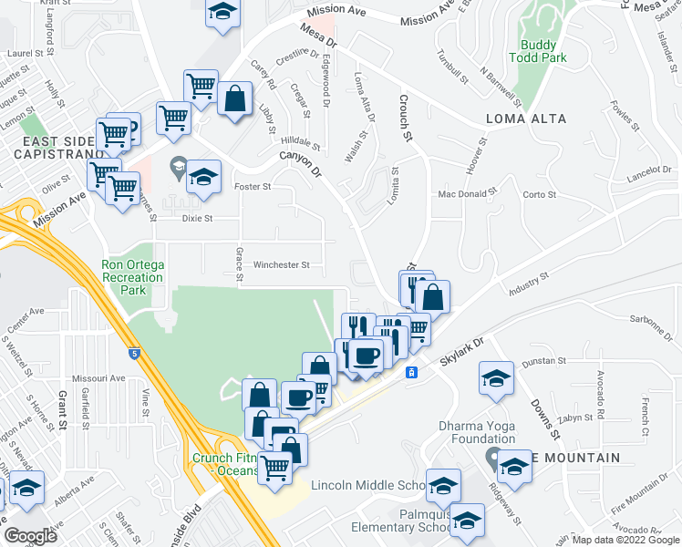 map of restaurants, bars, coffee shops, grocery stores, and more near 2326 Greenbrier Drive in Oceanside