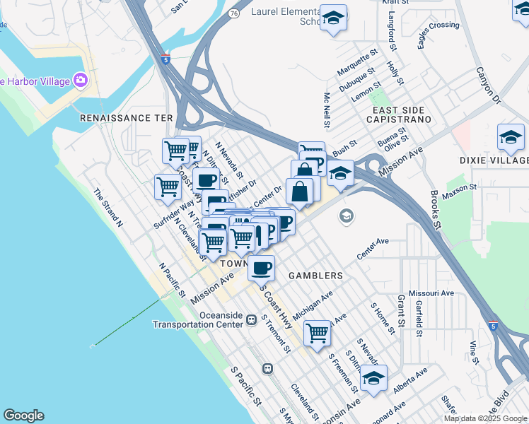 map of restaurants, bars, coffee shops, grocery stores, and more near 721 Pier View Way in Oceanside