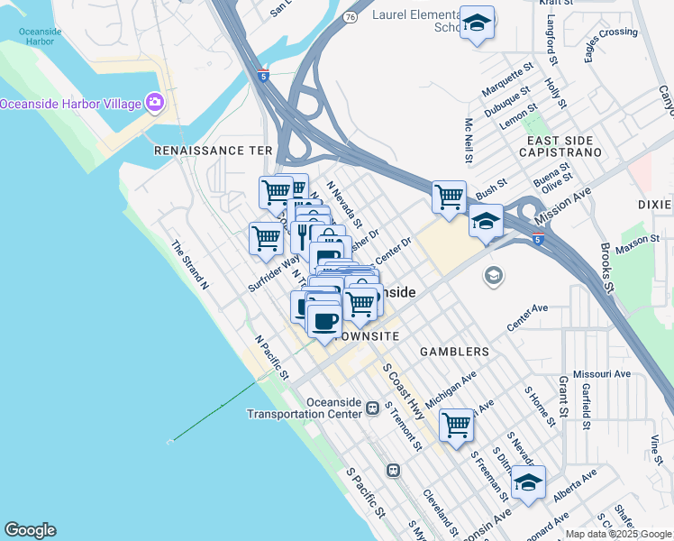 map of restaurants, bars, coffee shops, grocery stores, and more near 406 North Coast Highway in Oceanside