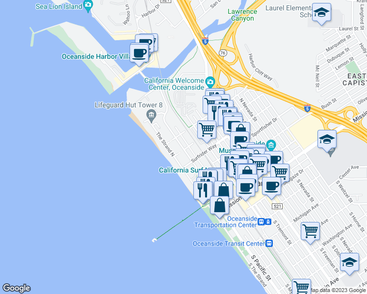 map of restaurants, bars, coffee shops, grocery stores, and more near 702 The Strand North in Oceanside