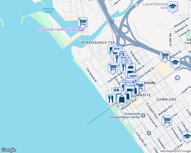 map of restaurants, bars, coffee shops, grocery stores, and more near 702 The Strand North in Oceanside