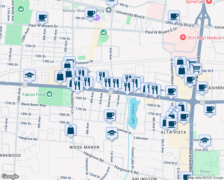 map of restaurants, bars, coffee shops, grocery stores, and more near 101 15th Street in Tuscaloosa