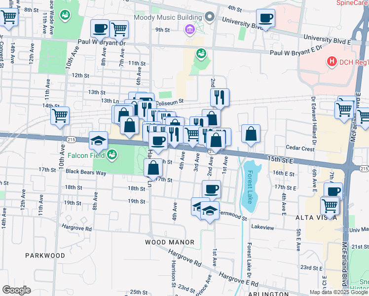 map of restaurants, bars, coffee shops, grocery stores, and more near 1505 4th Avenue in Tuscaloosa