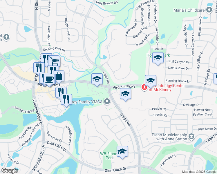 map of restaurants, bars, coffee shops, grocery stores, and more near 6051 Virginia Parkway in McKinney