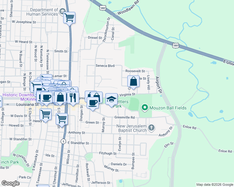 map of restaurants, bars, coffee shops, grocery stores, and more near 813 East Virginia Street in McKinney