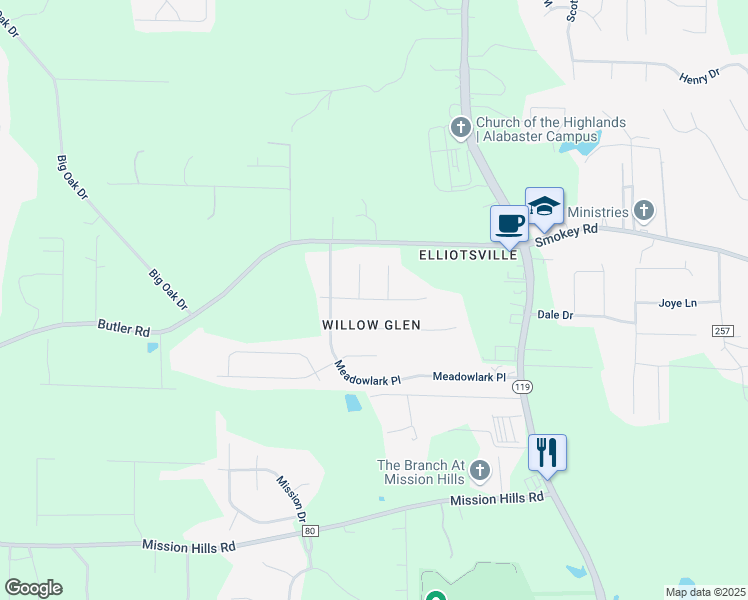 map of restaurants, bars, coffee shops, grocery stores, and more near Yellowhammer Drive in Alabaster
