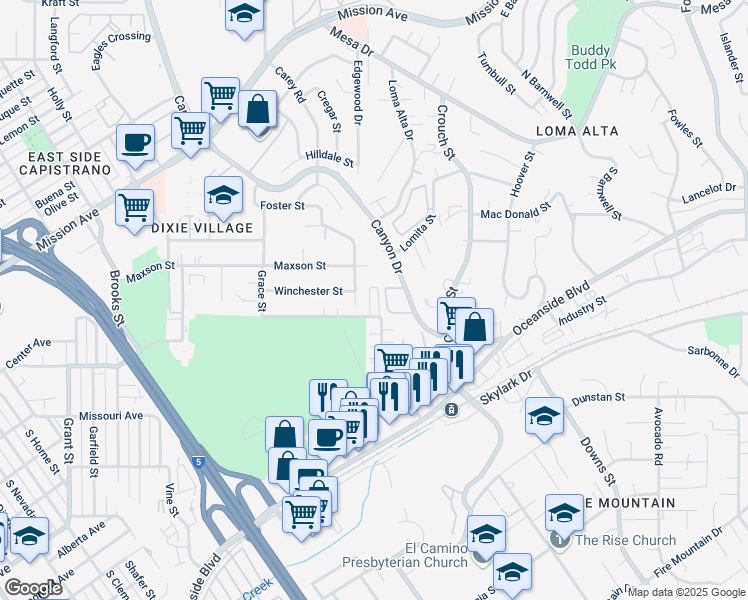 map of restaurants, bars, coffee shops, grocery stores, and more near 2326 Greenbrier Drive in Oceanside