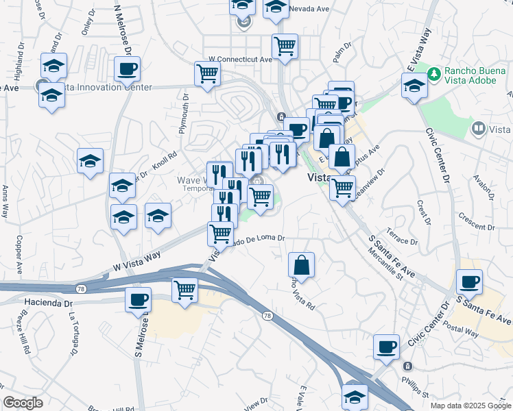 map of restaurants, bars, coffee shops, grocery stores, and more near 215 Vista Village Drive in Vista