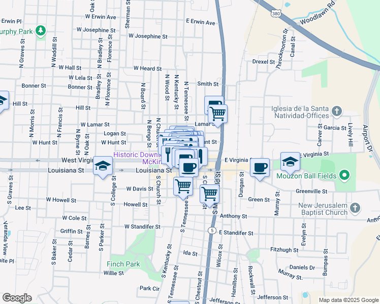 map of restaurants, bars, coffee shops, grocery stores, and more near 202 North Tennessee Street in McKinney