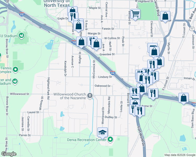 map of restaurants, bars, coffee shops, grocery stores, and more near 1218 Oakwood Drive in Denton