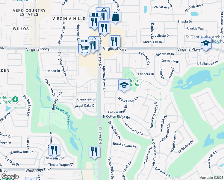 map of restaurants, bars, coffee shops, grocery stores, and more near 8701 Tiercels Drive in McKinney