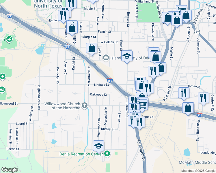 map of restaurants, bars, coffee shops, grocery stores, and more near 1203 Lindsey Street in Denton