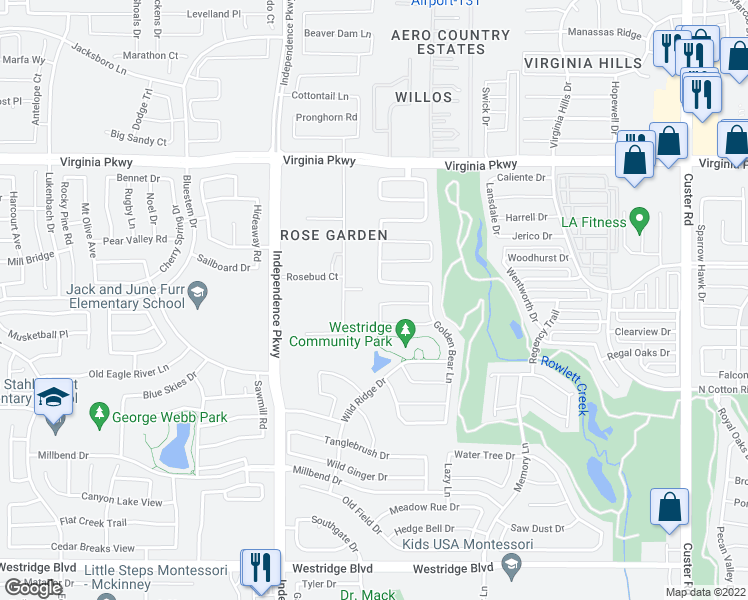 map of restaurants, bars, coffee shops, grocery stores, and more near 800 Baltusrol Drive in McKinney