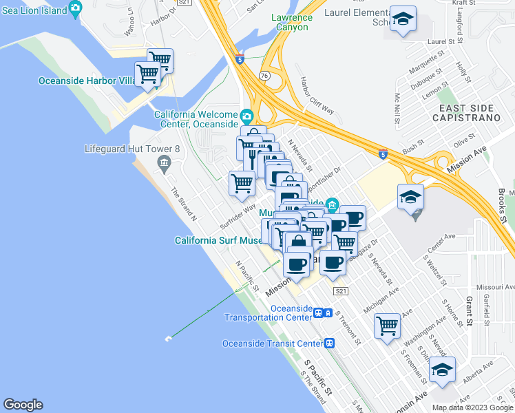 map of restaurants, bars, coffee shops, grocery stores, and more near 523 North Tremont Street in Oceanside