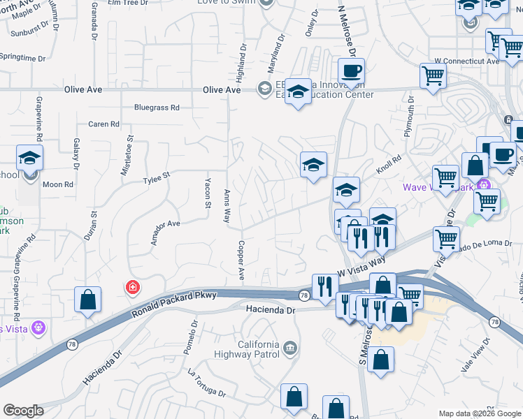 map of restaurants, bars, coffee shops, grocery stores, and more near 728 Copper Drive in Vista