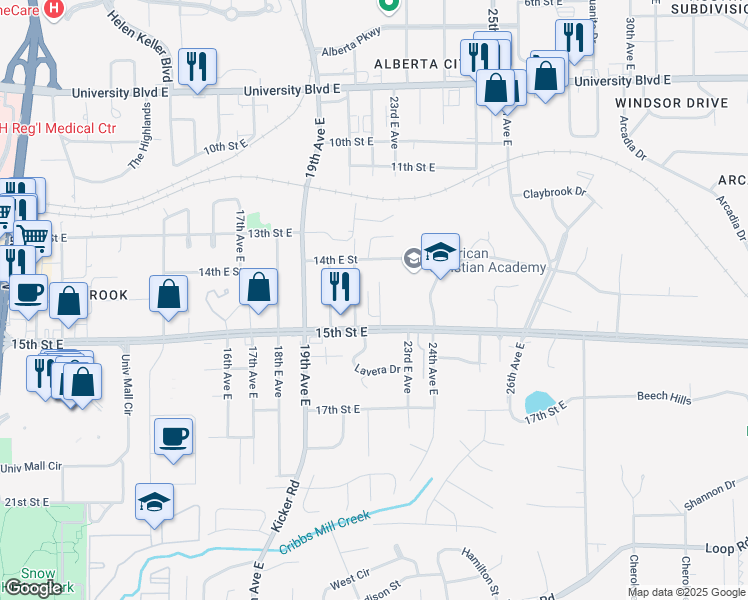 map of restaurants, bars, coffee shops, grocery stores, and more near 2204 Veterans Memorial Parkway in Tuscaloosa