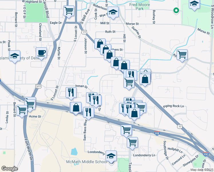 map of restaurants, bars, coffee shops, grocery stores, and more near 1451 Centre Place Drive in Denton
