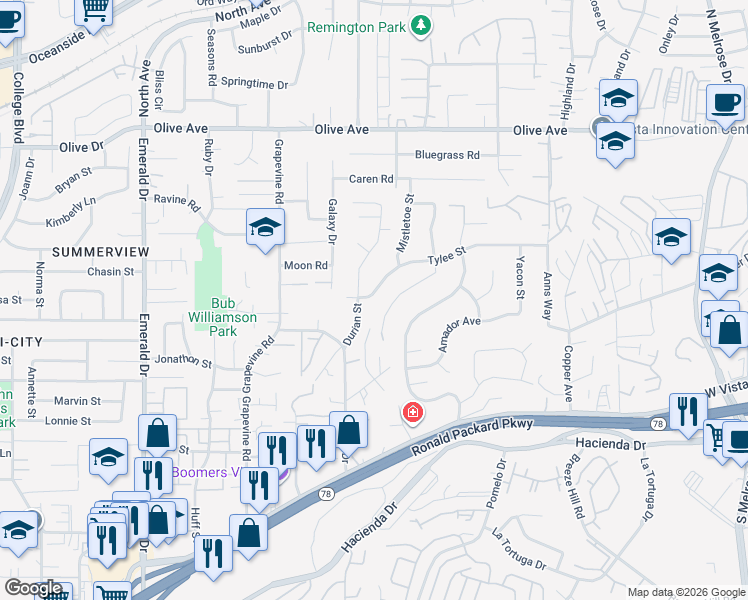 map of restaurants, bars, coffee shops, grocery stores, and more near 1278 Tylee Street in Vista