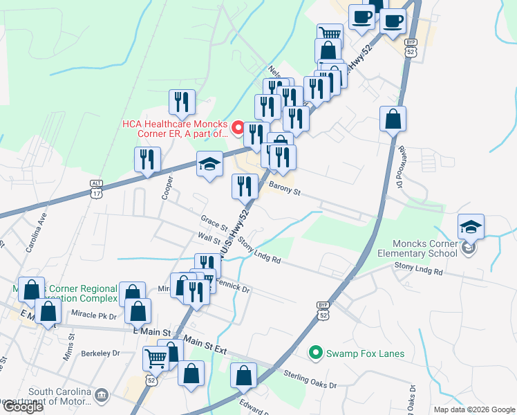 map of restaurants, bars, coffee shops, grocery stores, and more near 401 Stoney Landing Road in Moncks Corner