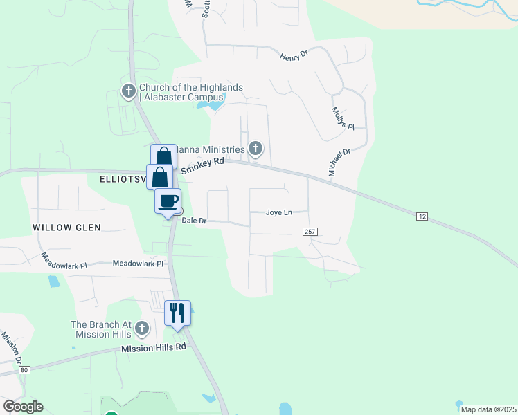 map of restaurants, bars, coffee shops, grocery stores, and more near 303 Joye Lane in Alabaster