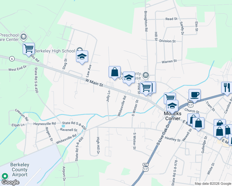 map of restaurants, bars, coffee shops, grocery stores, and more near 101 Jones Street in Moncks Corner