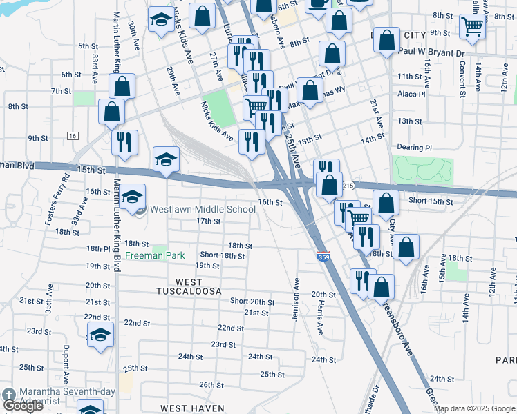 map of restaurants, bars, coffee shops, grocery stores, and more near 2648 Short 16th Street in Tuscaloosa