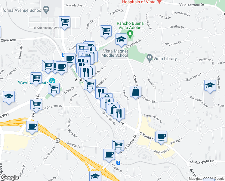 map of restaurants, bars, coffee shops, grocery stores, and more near 482 Oceanview Drive in Vista