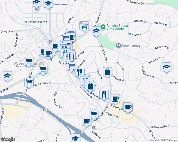 map of restaurants, bars, coffee shops, grocery stores, and more near 482 Oceanview Drive in Vista