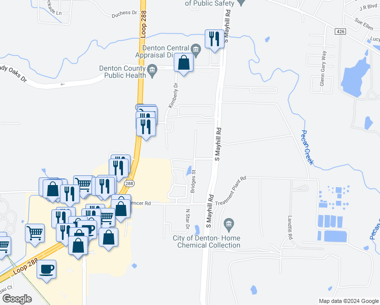 map of restaurants, bars, coffee shops, grocery stores, and more near 1101 Loop 288 in Denton