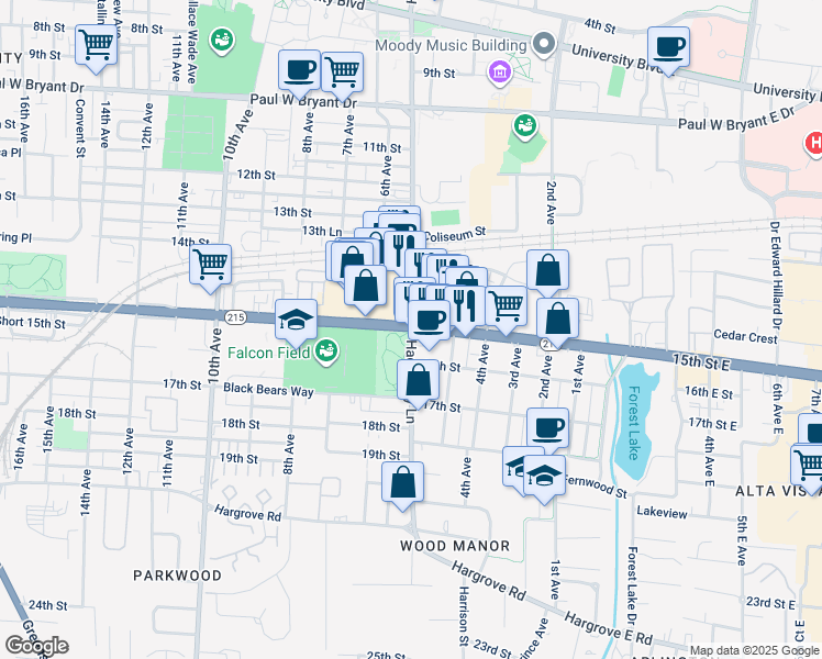 map of restaurants, bars, coffee shops, grocery stores, and more near 15th St & Hackberry Ln in Tuscaloosa