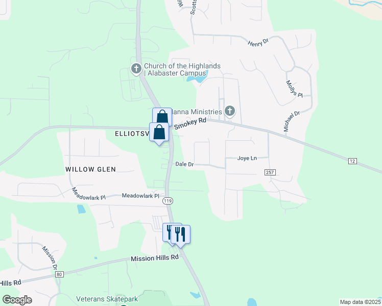 map of restaurants, bars, coffee shops, grocery stores, and more near 204 Connie Street in Alabaster