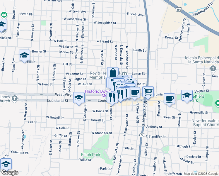 map of restaurants, bars, coffee shops, grocery stores, and more near 302 North Benge Street in McKinney