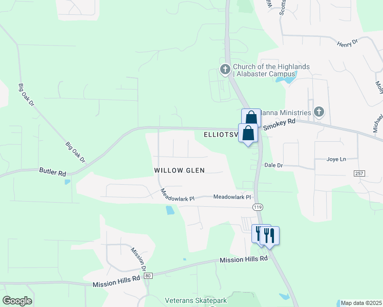 map of restaurants, bars, coffee shops, grocery stores, and more near 105 Hummingbird Circle in Alabaster