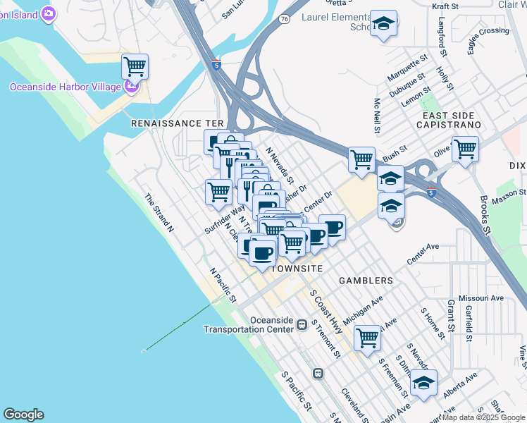 map of restaurants, bars, coffee shops, grocery stores, and more near 510 Sportfisher Drive in Oceanside