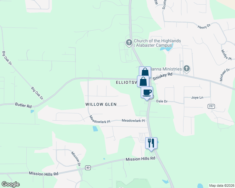 map of restaurants, bars, coffee shops, grocery stores, and more near 1950 Butler Road in Alabaster