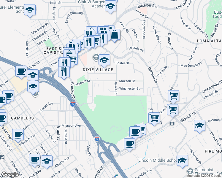 map of restaurants, bars, coffee shops, grocery stores, and more near 300 Cadillac Circle in Oceanside