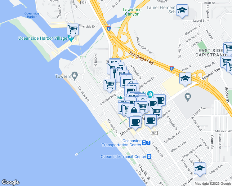 map of restaurants, bars, coffee shops, grocery stores, and more near 691 Windward Way in Oceanside