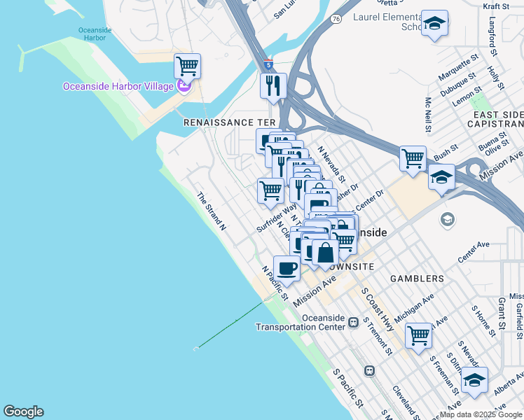 map of restaurants, bars, coffee shops, grocery stores, and more near 777 Sea Cottage Way in Oceanside